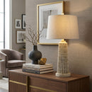 Hospitality furniture - Beaded Beige Linen Table Lamp - www.oroatrade.com