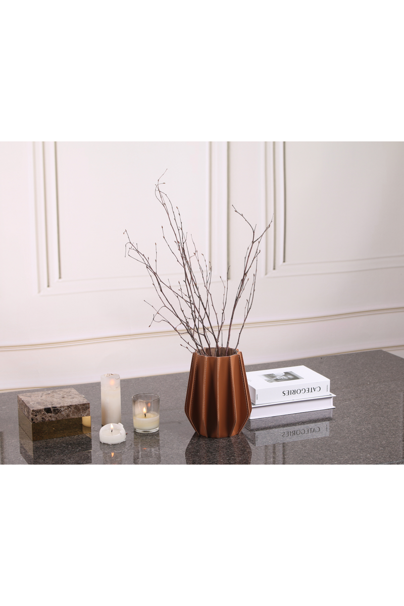 Brown Leather Fluted Vase | Liang & Eimil Juana | Oroatrade.com