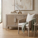 Curved Oak Linen Lounge Chair | Living Essentials McGuire