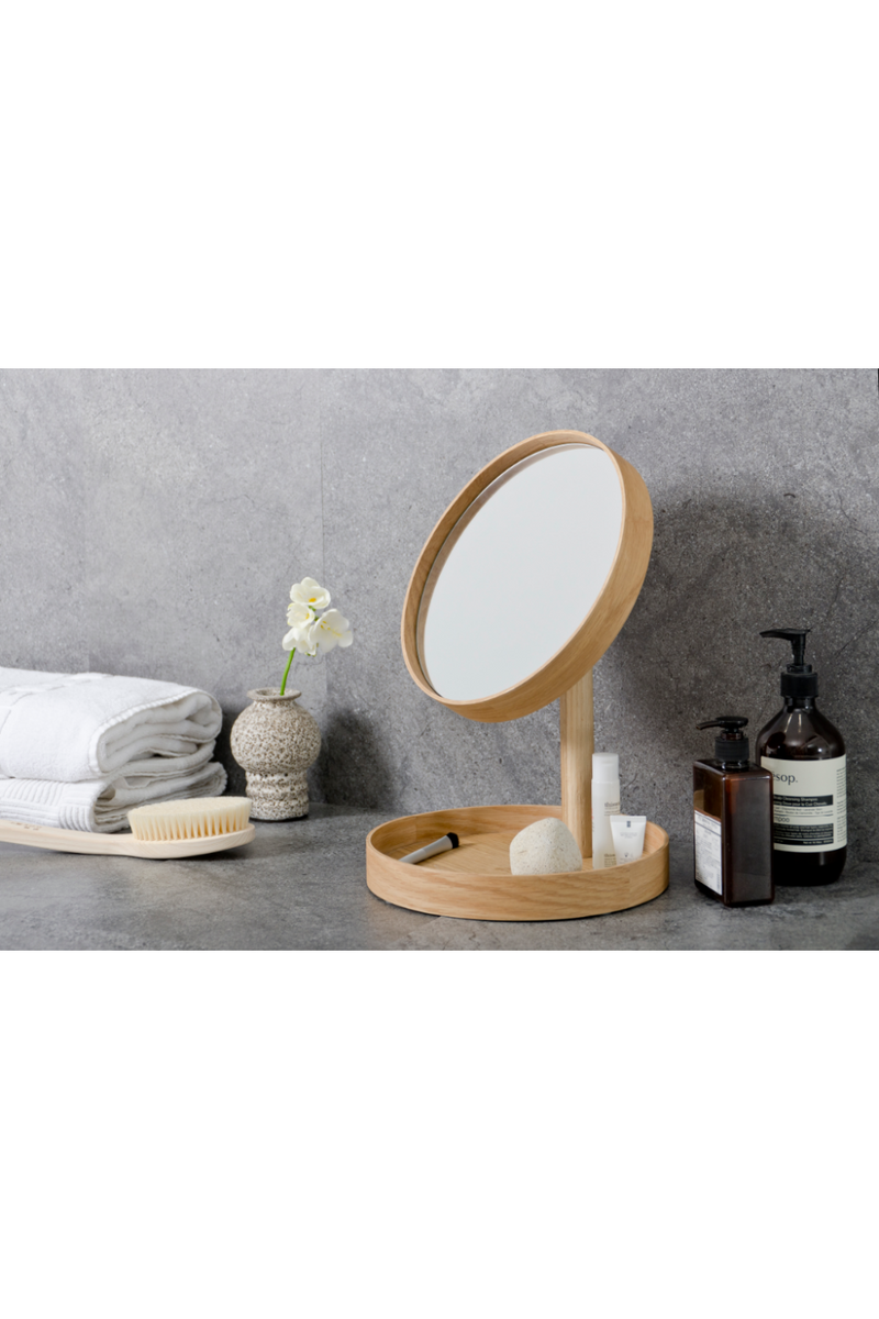 Oak Magnifying Vanity Mirror with Storage Tray | Wireworks Look | OROA TRADE
